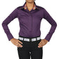 TuffRider Girls ADEY Double Collar Shirt-Plum -L worn by model with hands on hips, plum shirt with patterned double collar