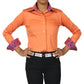TuffRider Girls ADEY Double Collar Shirt-Plum -L with folded paisley collar and cuff details on model in black pants