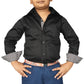 TuffRider Boys ADEY Shirt-Royal Blue -L worn by child in black shirt with checked cuffs and blue pants, pet supplies background.