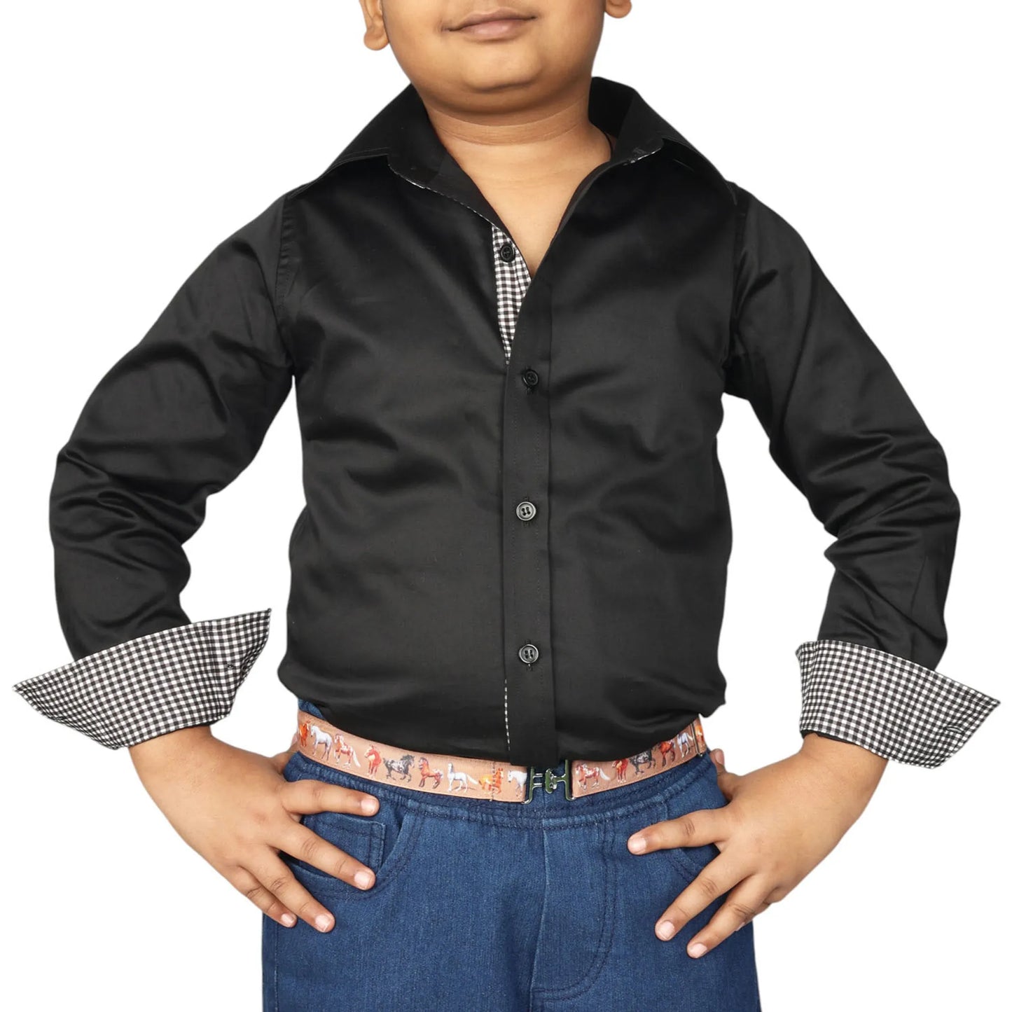 TuffRider Boys ADEY Shirt-Royal Blue -L worn by child in black shirt with checked cuffs and blue pants, pet supplies background.