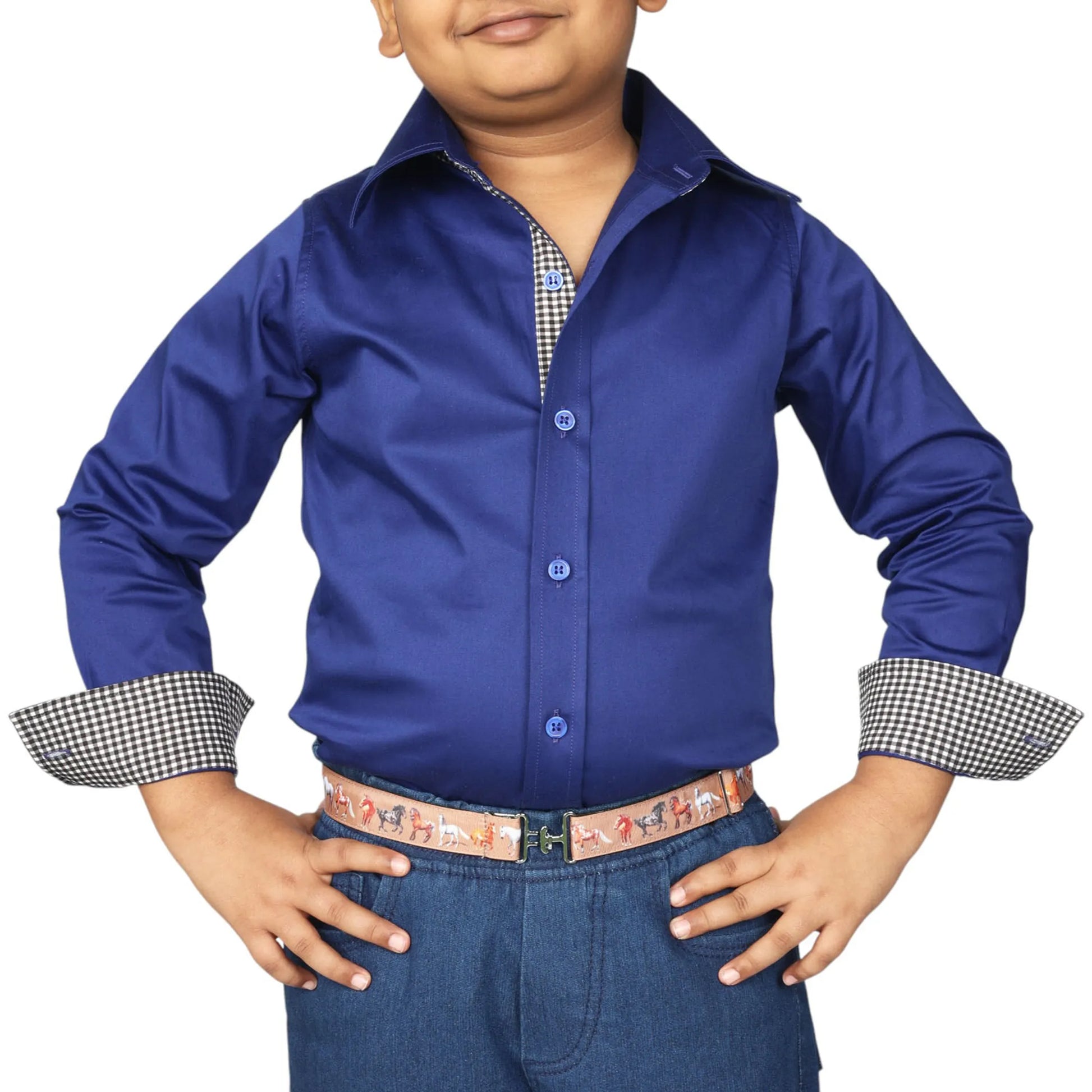 TuffRider Boys ADEY Shirt-Royal Blue -L worn by boy with checkered cuffs and collar, paired with jeans and patterned belt