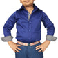 Child wearing TuffRider Boys ADEY Shirt-Royal Blue -L with rolled sleeves and belt, smiling confidently with hands on hips