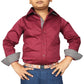 Boy wearing a maroon shirt with checkered cuffs and collar, styled confidently; TuffRider Boys ADEY Shirt-Royal Blue -L