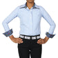TuffRider Girls ADEY Double Collar Stripe Shirt-Blue-L modeled with hands on hips, striped shirt with contrasting collar and cuffs