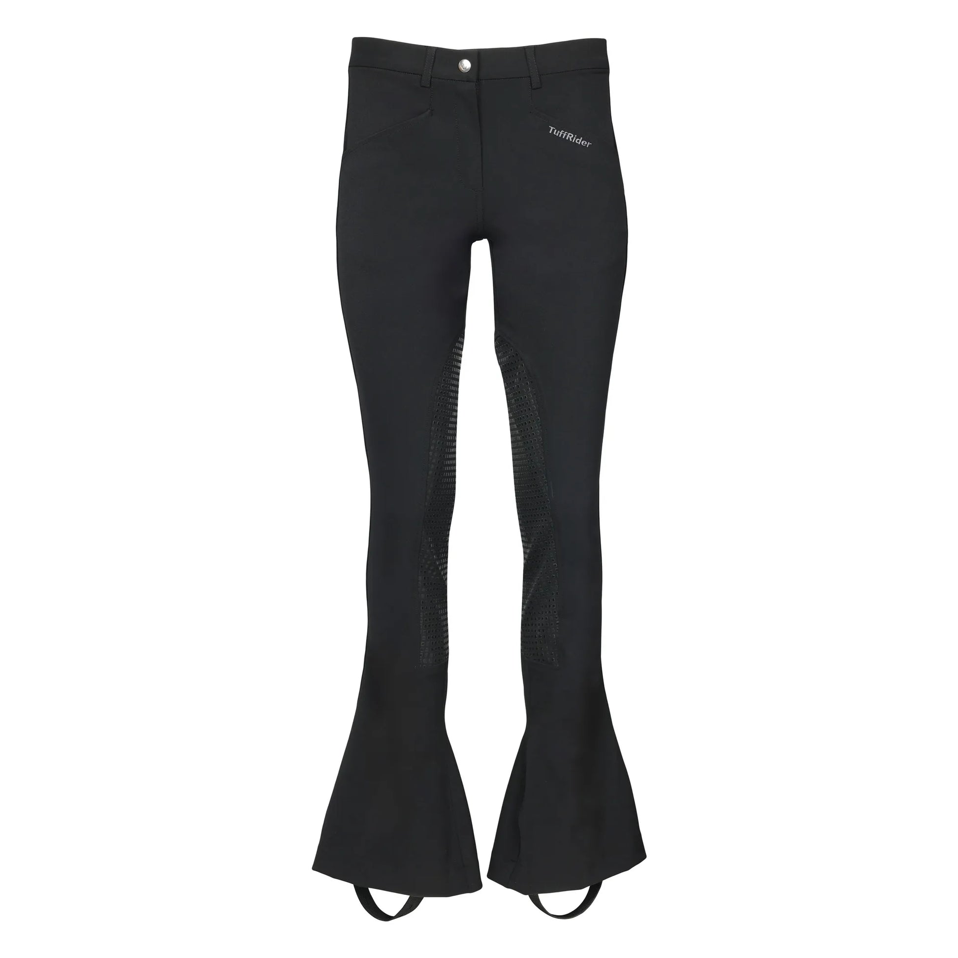 TuffRider Ladies Kentucky Jods-Black-24 with flared bottoms and elastic stirrups, designed for equestrian use.