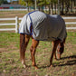 Horse wearing a grey protective layer outdoors grazing in pasture with TuffRider Comfy Plus Standard Neck Fly Sheet