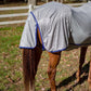 Horse wearing TuffRider Comfy Plus Standard Neck Fly Sheet in a grassy paddock with wooden fencing and trees.