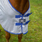 Horse wearing a TuffRider Comfy Plus Standard Neck Fly Sheet with blue trim and buckle closures outdoors