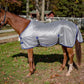 Horse wearing a silver protective TuffRider Comfy Plus Standard Neck Fly Sheet outdoors near white fencing