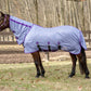 Horse wearing TuffRider Comfy Plus Combo Neck Fly Sheet- Purple with Deep Purple Trim- 69 standing outside in a fenced area