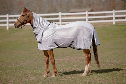 Horse wearing a TuffRider Sport CoolMax Mesh Combo Neck Fly Sheet - Breathable Horse Fly Protection in a fenced pasture