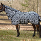 TuffRider Comfy Plus Combo Neck Fly Sheet- Zebra Print -69 on horse in outdoor fenced pasture setting