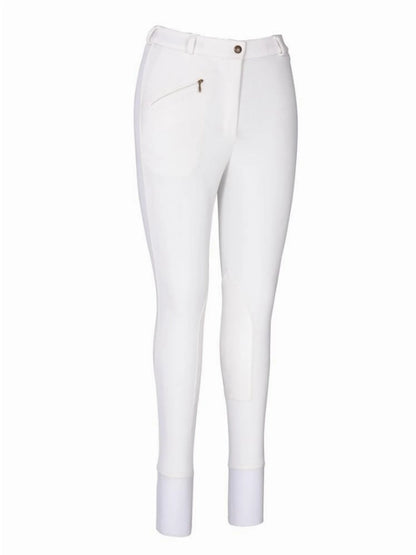White equestrian pants with side zipper pocket and knee patches called TuffRider Ladies Ribb Knee Patch Breeches