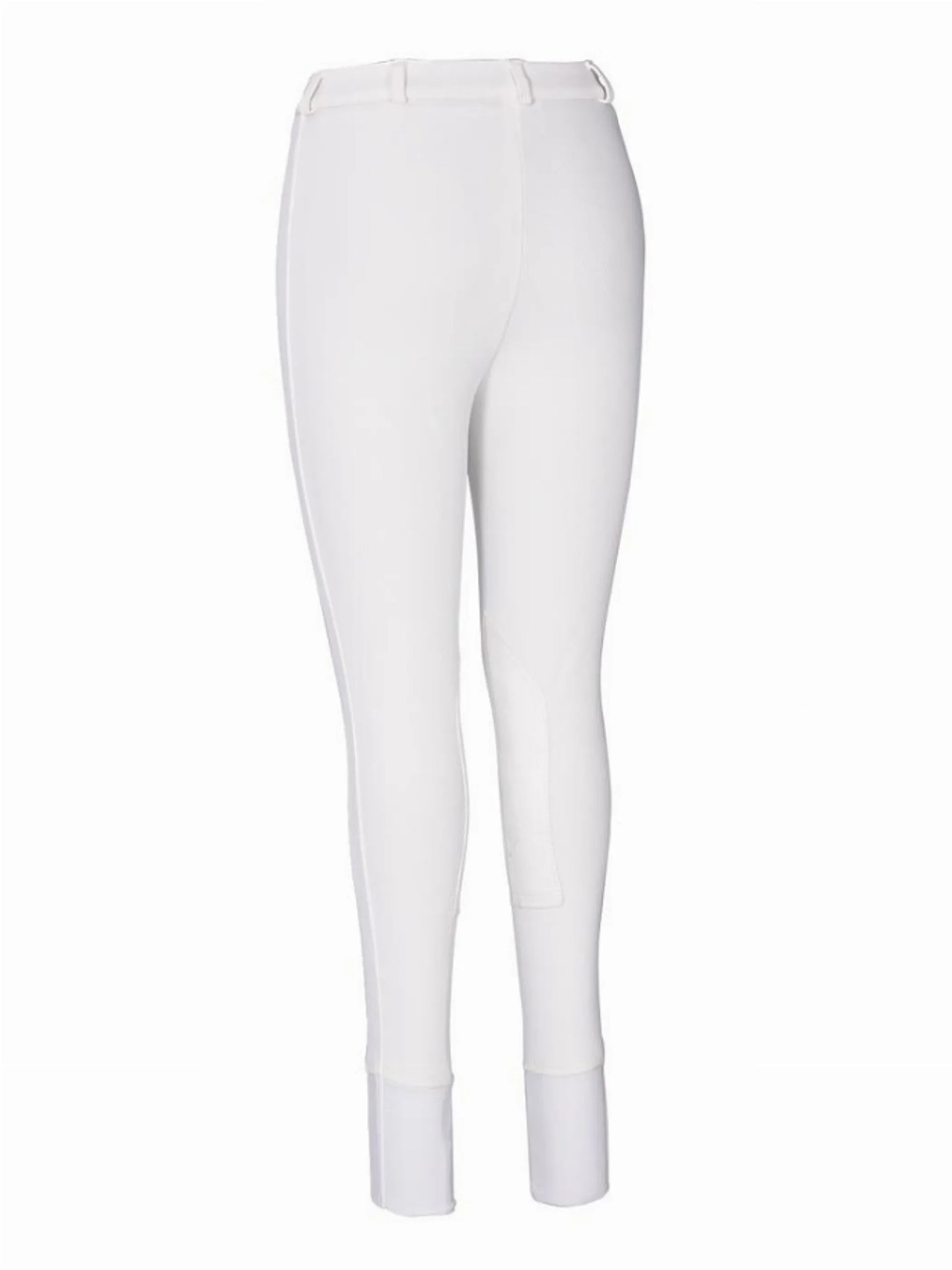 White TuffRider Ladies Ribb Knee Patch Breeches designed for comfort and durability in equestrian activities.