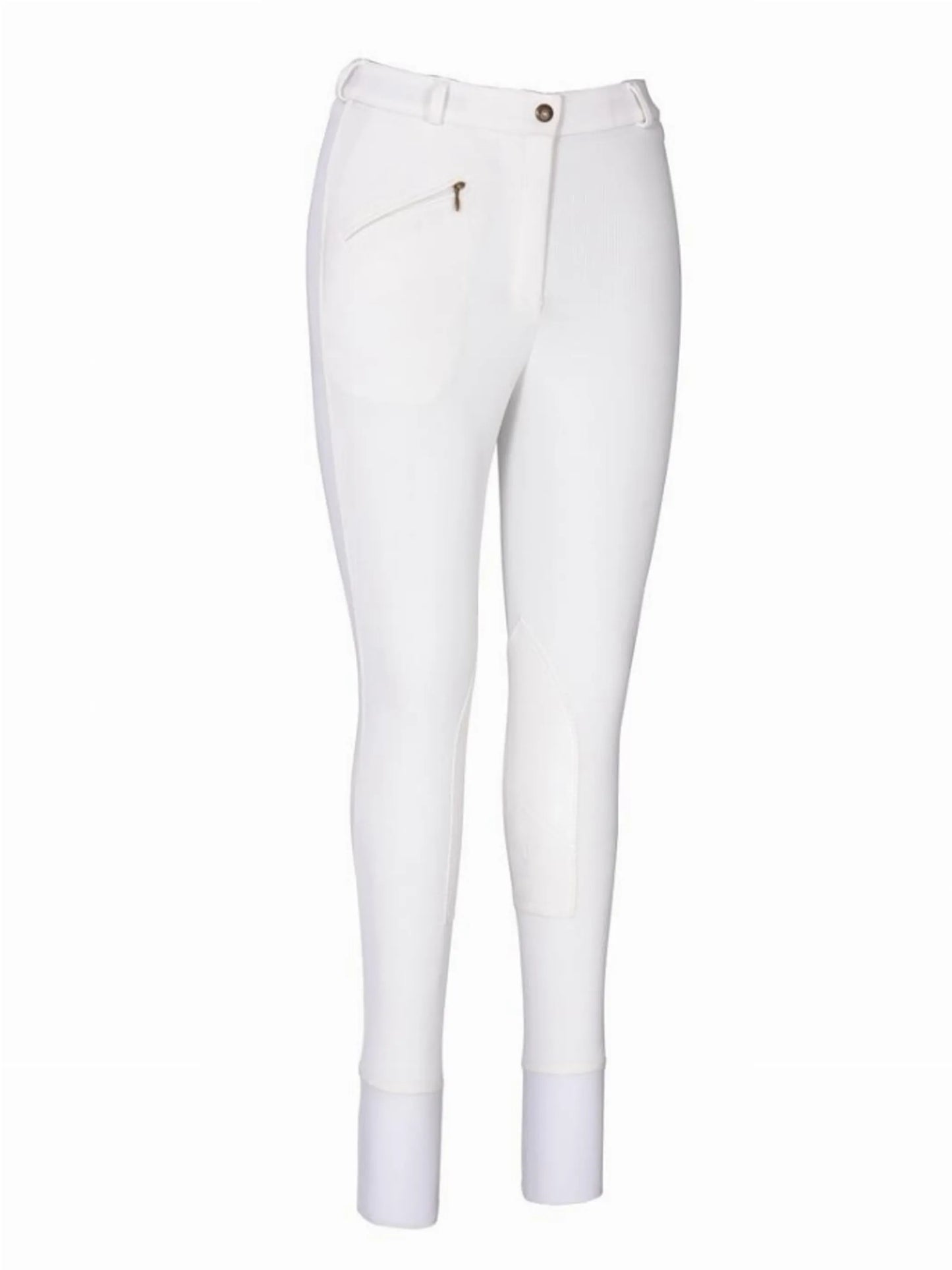 White equestrian pants with zip pocket and reinforced knee patch design called TuffRider Ladies Ribb Knee Patch Breeches.