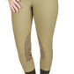TuffRider Ladies Ribb Knee Patch Breeches in tan with zip pocket and ribbed cuffs worn by a model standing barefoot