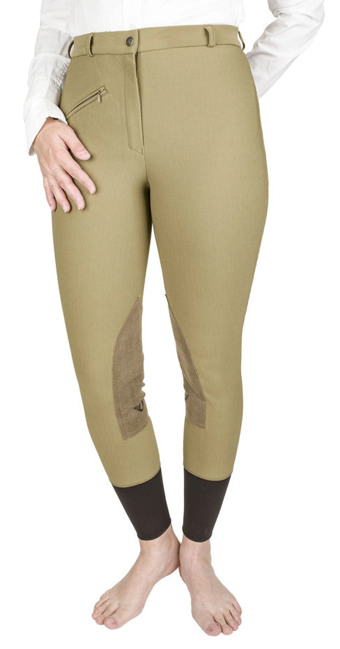 TuffRider Ladies Ribb Knee Patch Breeches in tan with brown knee patches modeled barefoot against white background