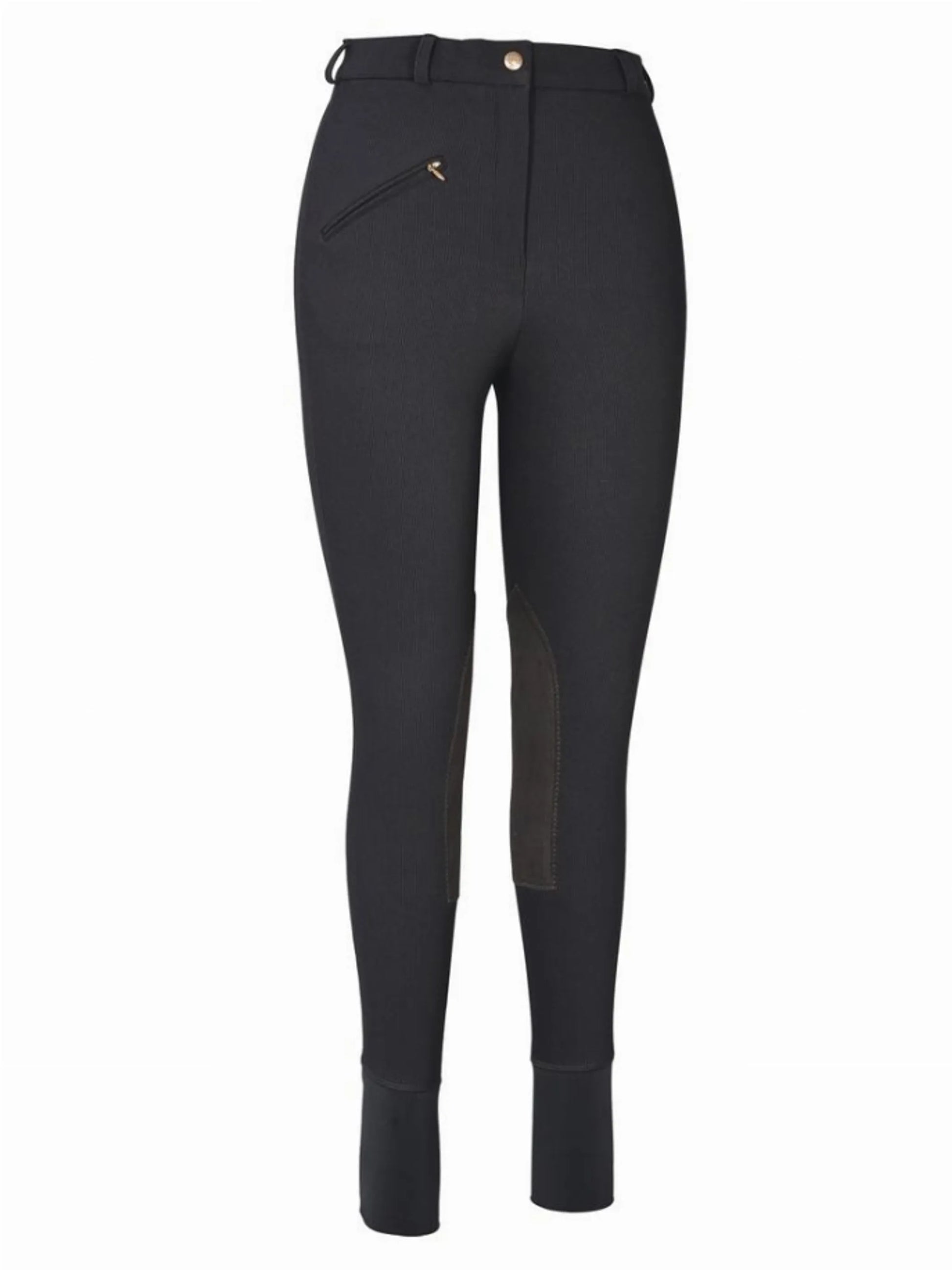 Black riding pants with knee patches and zippered pocket, designed as TuffRider Ladies Ribb Knee Patch Breeches.