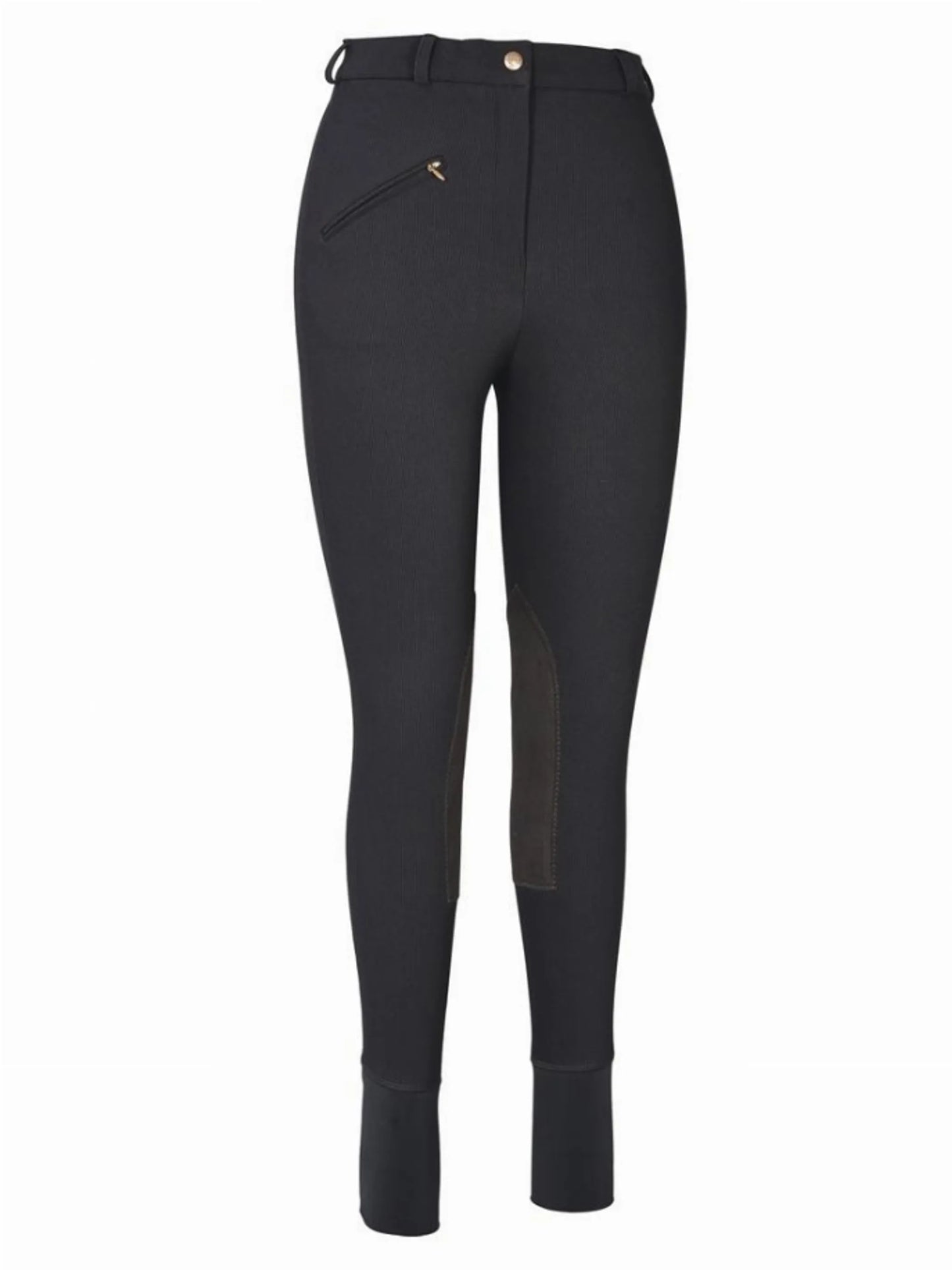 Black TuffRider Ladies Ribb Knee Patch Breeches with zippered pocket and ribbed ankle cuffs for equestrian use.