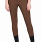 TuffRider Ladies Ribb Knee Patch Breeches in brown with zip pocket and black ribbed ankle cuffs for equestrian use.