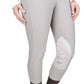 TuffRider Ladies Ribb Knee Patch Breeches- Sage- 24 worn by model showing knee patch detail and zip pocket design