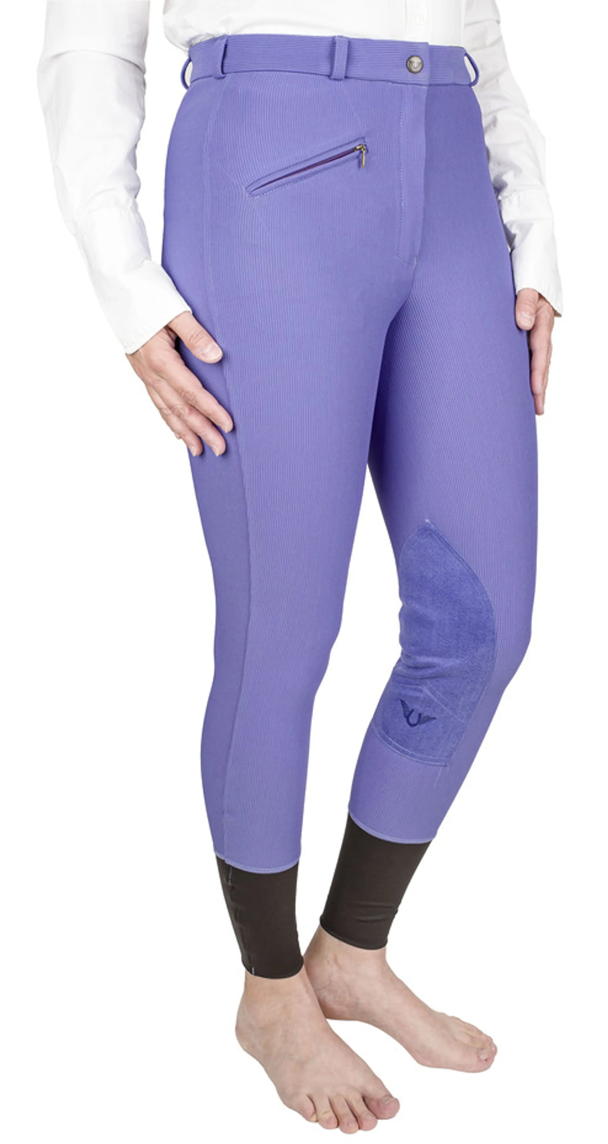TuffRider Ladies Ribb Knee Patch Breeches- Sage- 24 worn by model showing side zip pocket and ribbed knee patch design