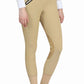 Woman wearing TuffRider Tiffany Ribbed Breeches - Silicone Knee Patch Riding Pants with Mesh Bottoms in beige color standing barefoot.