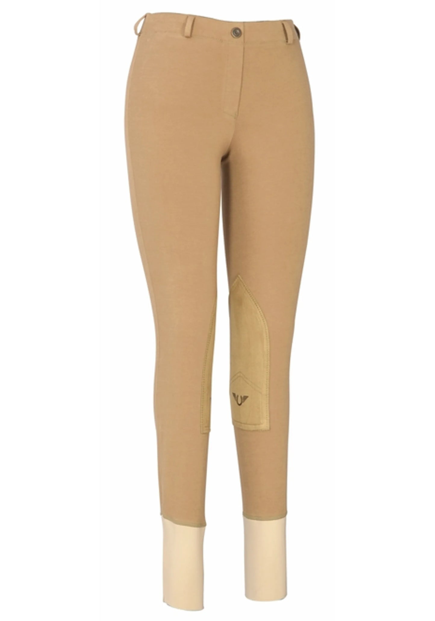 TuffRider Ladies Cotton Lowrise Pull-On Knee Patch Breeches in tan with reinforced knee patches for equestrian wear