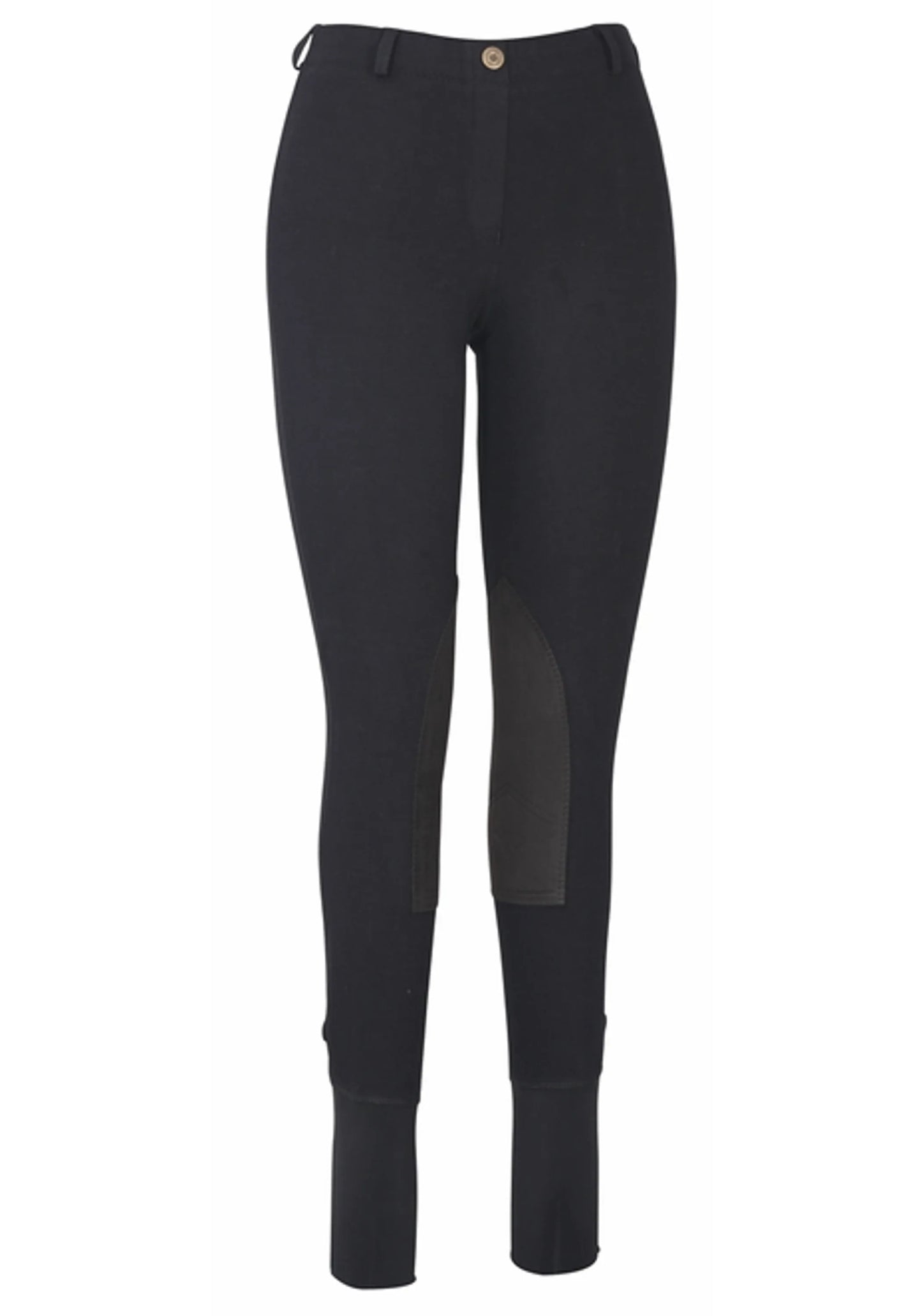 TuffRider Ladies Cotton Lowrise Pull-On Knee Patch Breeches in black with reinforced knee patches for equestrian use