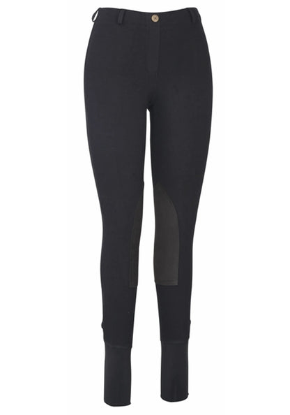 TuffRider Ladies Cotton Lowrise Pull-On Knee Patch Breeches in black with reinforced knee patches for equestrian use