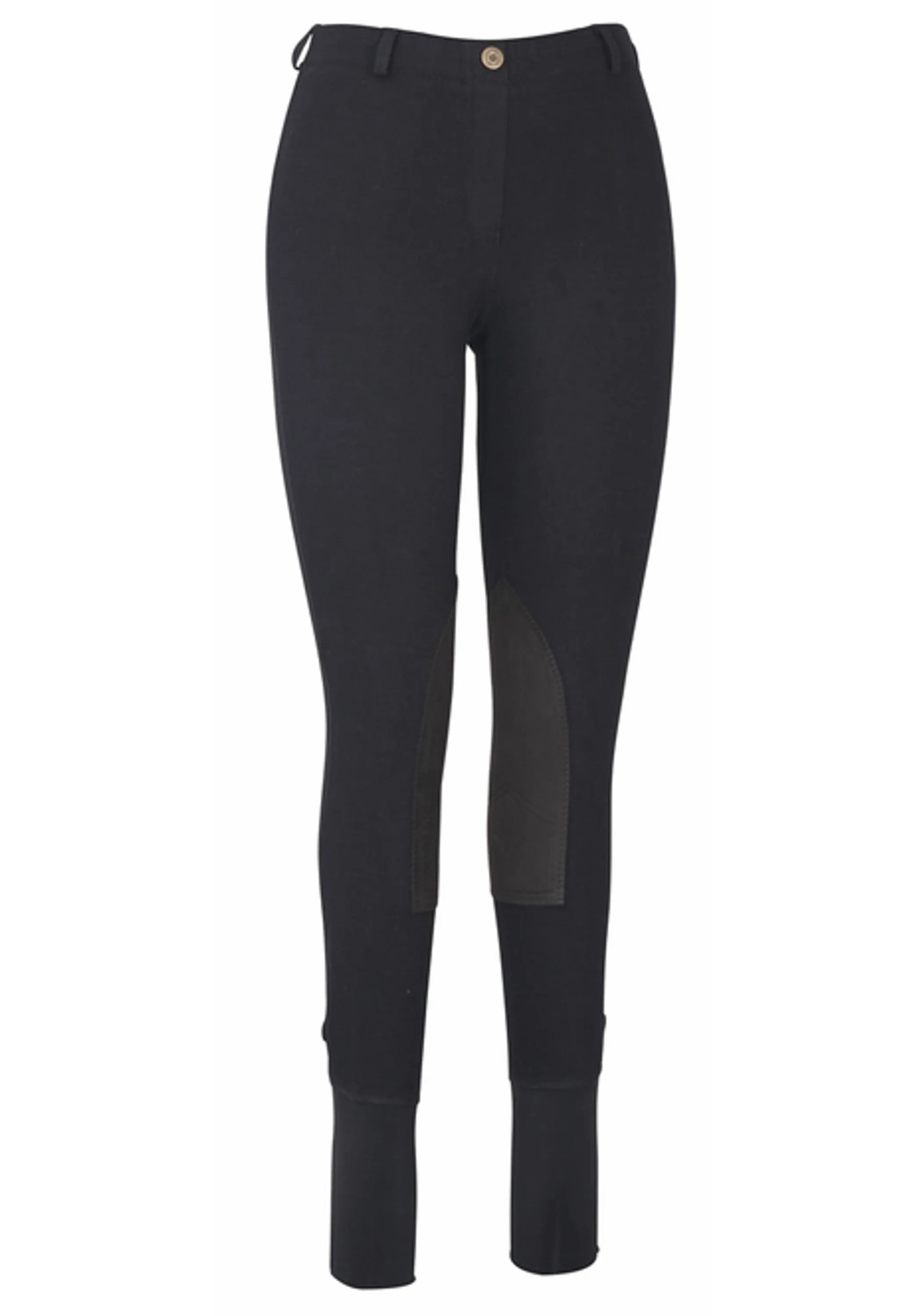 TuffRider Ladies Cotton Lowrise Pull-On Knee Patch Breeches in black with reinforced knee patches for equestrian use