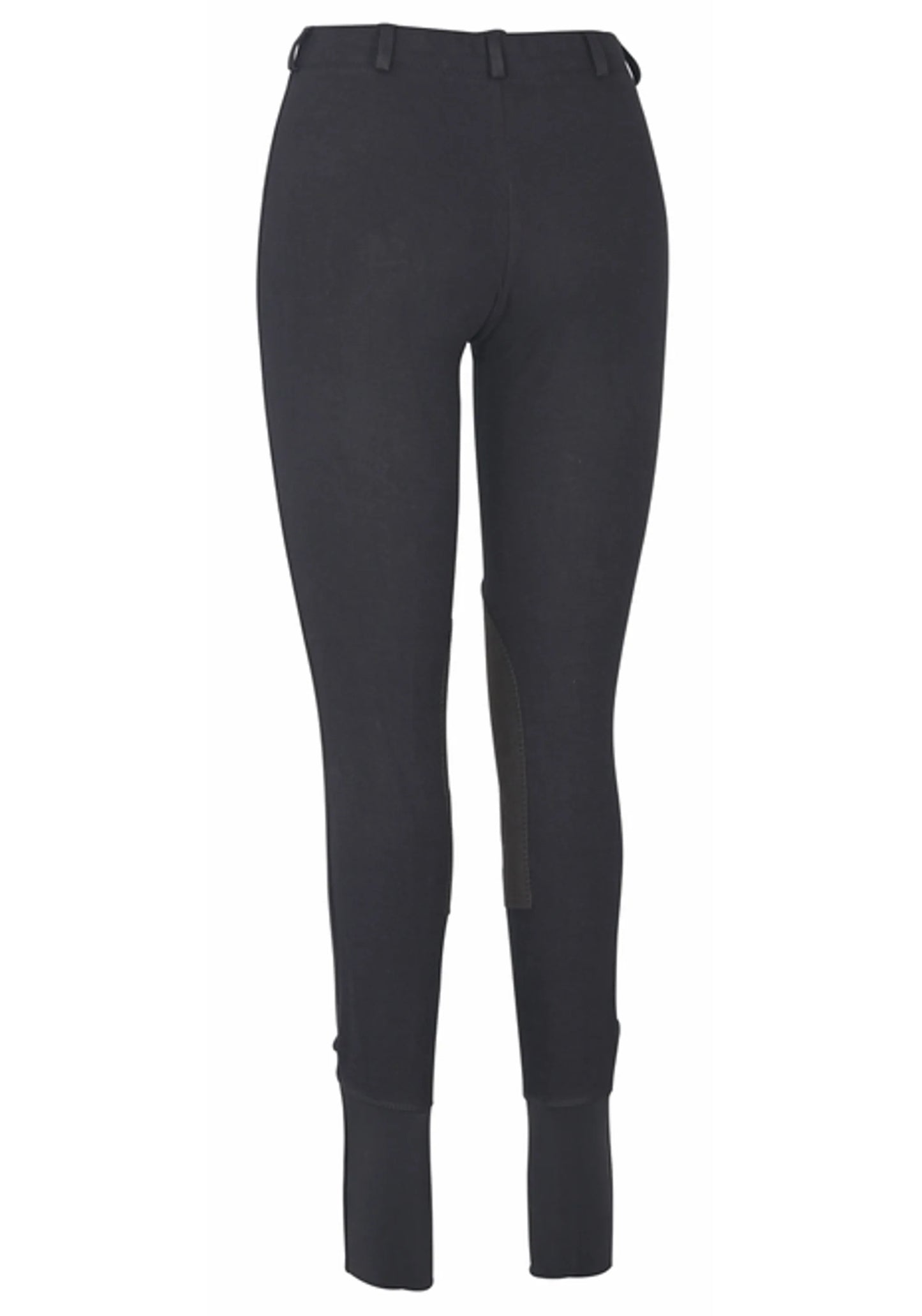 Back view of black TuffRider Ladies Cotton Lowrise Pull-On Knee Patch Breeches with knee patches and ankle cuffs.