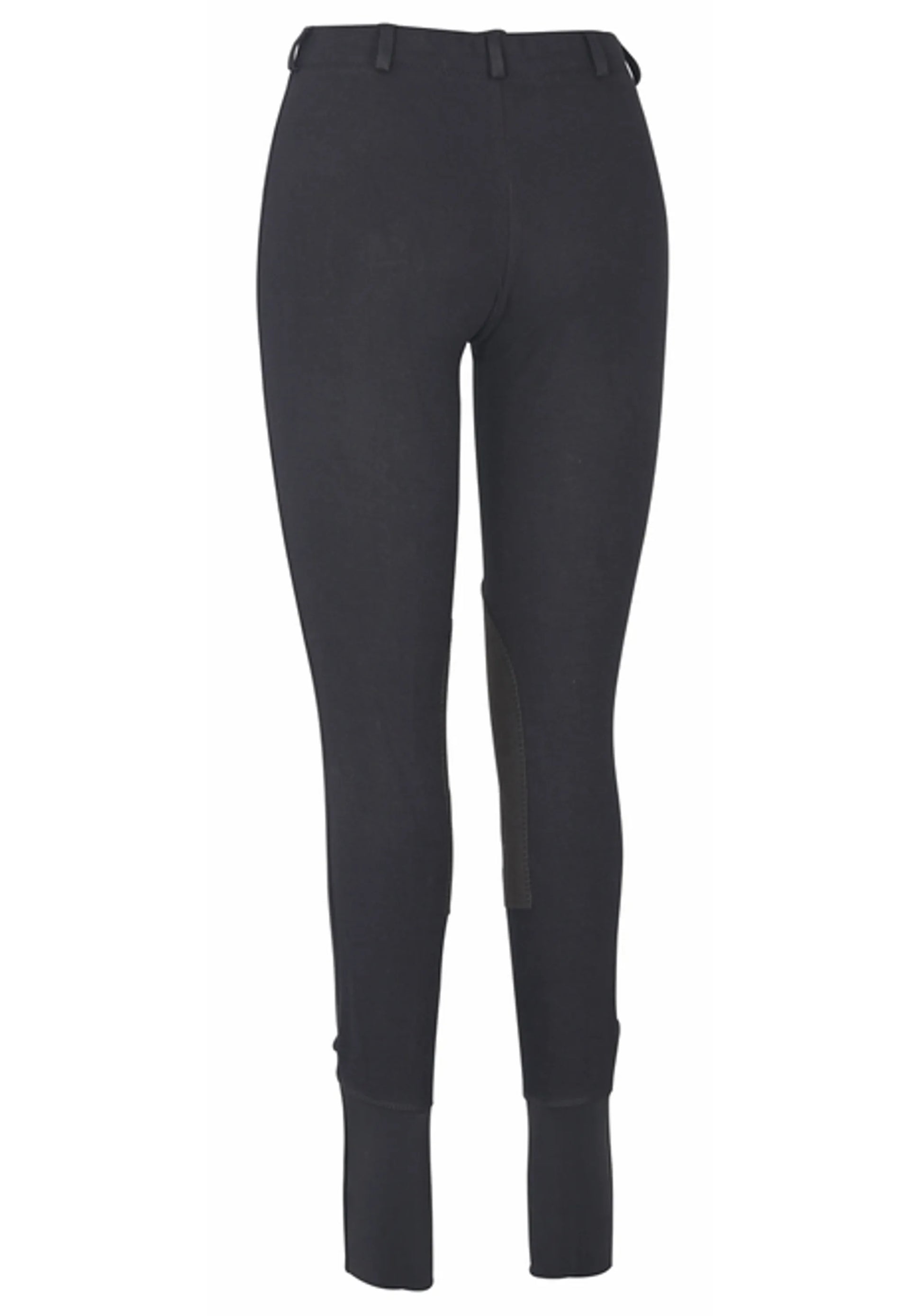 Back view of black TuffRider Ladies Cotton Lowrise Pull-On Knee Patch Breeches with knee patches and ankle cuffs.