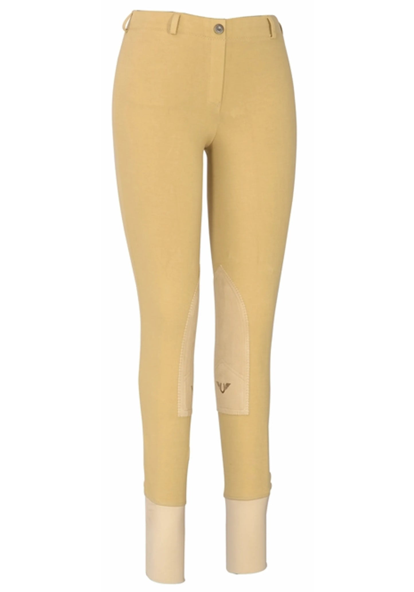 TuffRider Ladies Cotton Lowrise Pull-On Knee Patch Breeches in tan with reinforced knee patches and stirrup cuffs.