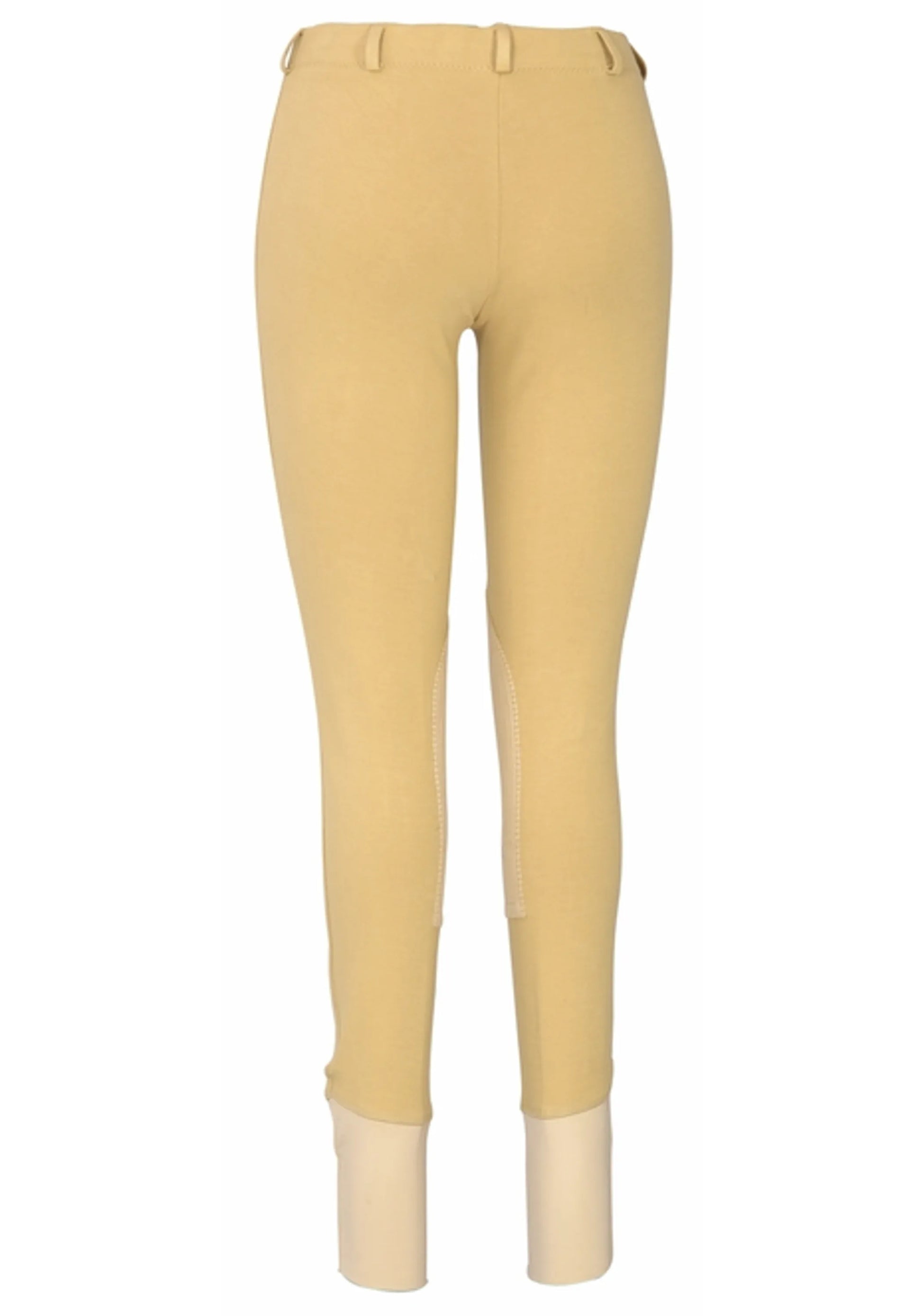 TuffRider Ladies Cotton Lowrise Pull-On Knee Patch Breeches in beige with knee patches and stirrup legs for equestrian use