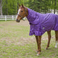 Horse wearing purple TuffRider 1680 D Super Comfy Detachable Neck Blanket in grassy paddock with white fence background