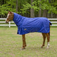 Horse wearing a blue TuffRider 1680 D Super Comfy Detachable Neck Blanket standing in a fenced grassy area