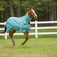 Horse running in a field wearing a teal TuffRider 1200D Winter Comfy Detachable Neck Sheet outdoors