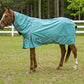 Horse wearing a teal TuffRider 1200D Winter Comfy Detachable Neck Sheet standing in a fenced grassy area