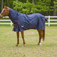 Horse wearing navy TuffRider 1200D Winter Comfy Detachable Neck Sheet standing in grassy paddock with white fence