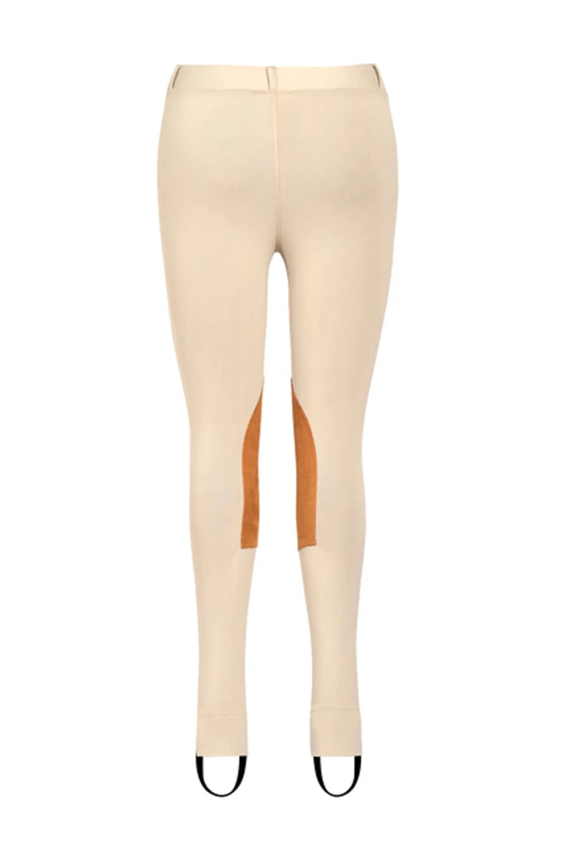 TUFFRIDER CHILDREN'S PRIME JODHPURS WITH BELT LOOPS in beige with brown patches and black stirrups for equestrian use