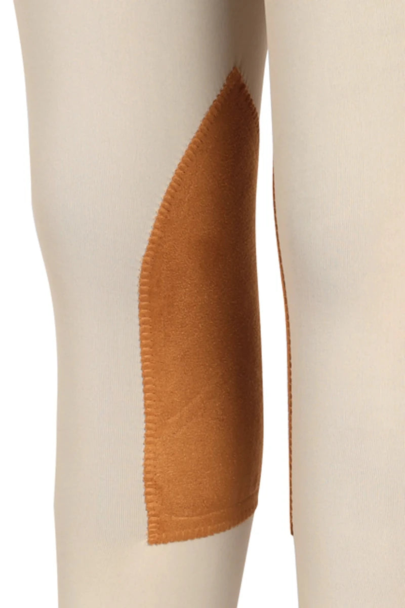 Close-up of tan knee patch detail on TUFFRIDER CHILDREN'S PRIME JODHPURS WITH BELT LOOPS equestrian pants