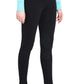 Woman wearing black TuffRider Ladies Cotton Pull-On Knee Patch Plus Breeches with light blue top, standing barefoot.