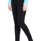 Model wearing black TuffRider Ladies Cotton Pull-On Knee Patch Plus Breeches showing side fit and knee patches
