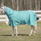 TuffRider 1200 D Comfy Winter Medium Weight Turnout Blanket w/ Detachable Neck- 200 GSM- Turquoise- 69 on white horse outdoors