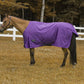 Horse wearing a purple TuffRider 600D Comfy Waterproof Winter Blanket standing in a fenced pasture.