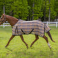 Horse wearing TuffRider Textelene Flyshield Sheet - Safari Plaid - 69 running in green pasture near white fence