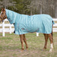 TuffRider 600 D Comfy Winter Medium Weight Turnout Blanket w/ Combo Neck- 200 GSM- Turquoise- 69 on horse in outdoor fenced area