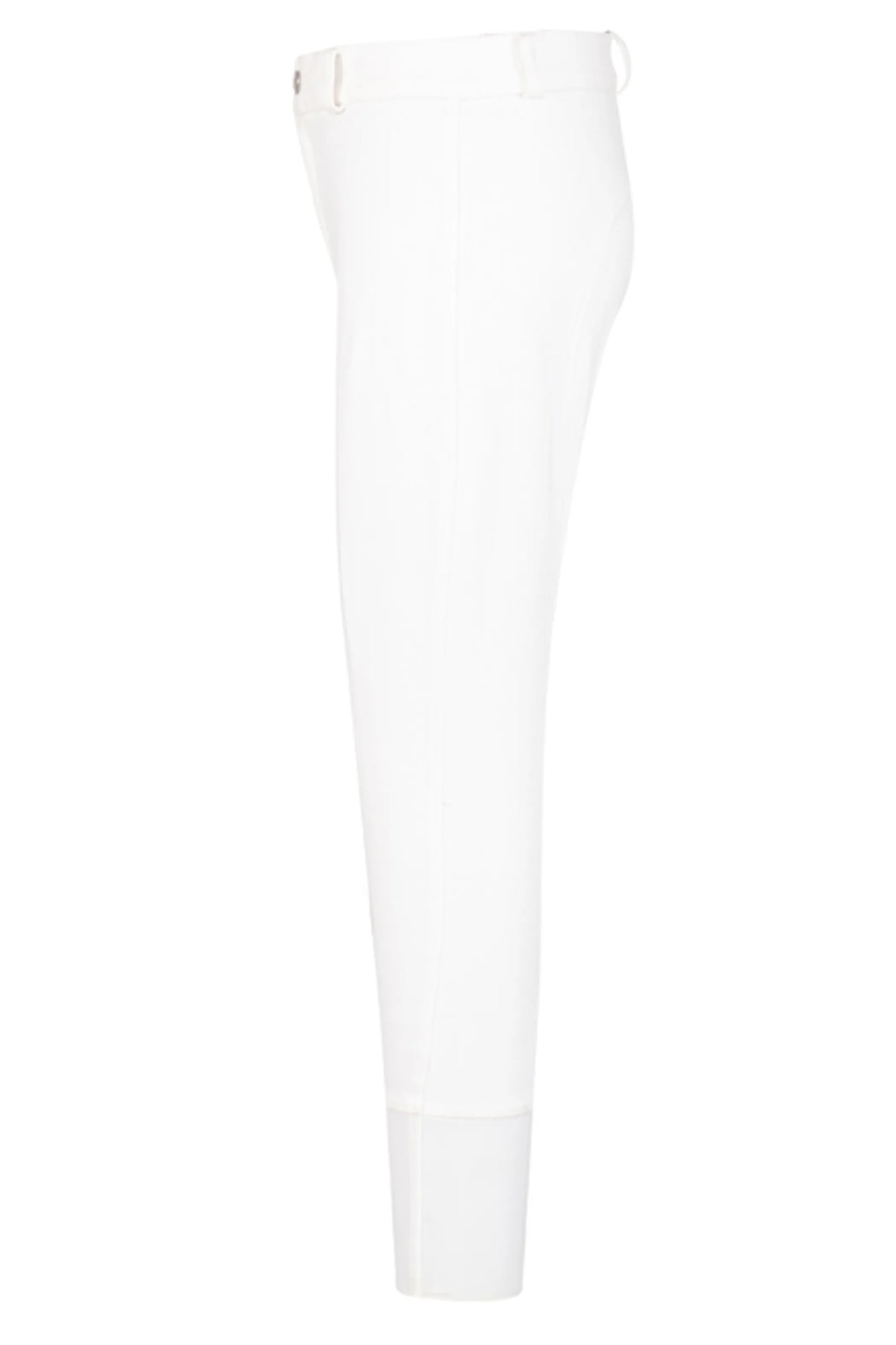TuffRider Children's Cotton Full Seat Breeches in white, showing side profile with belt loops and fitted design.