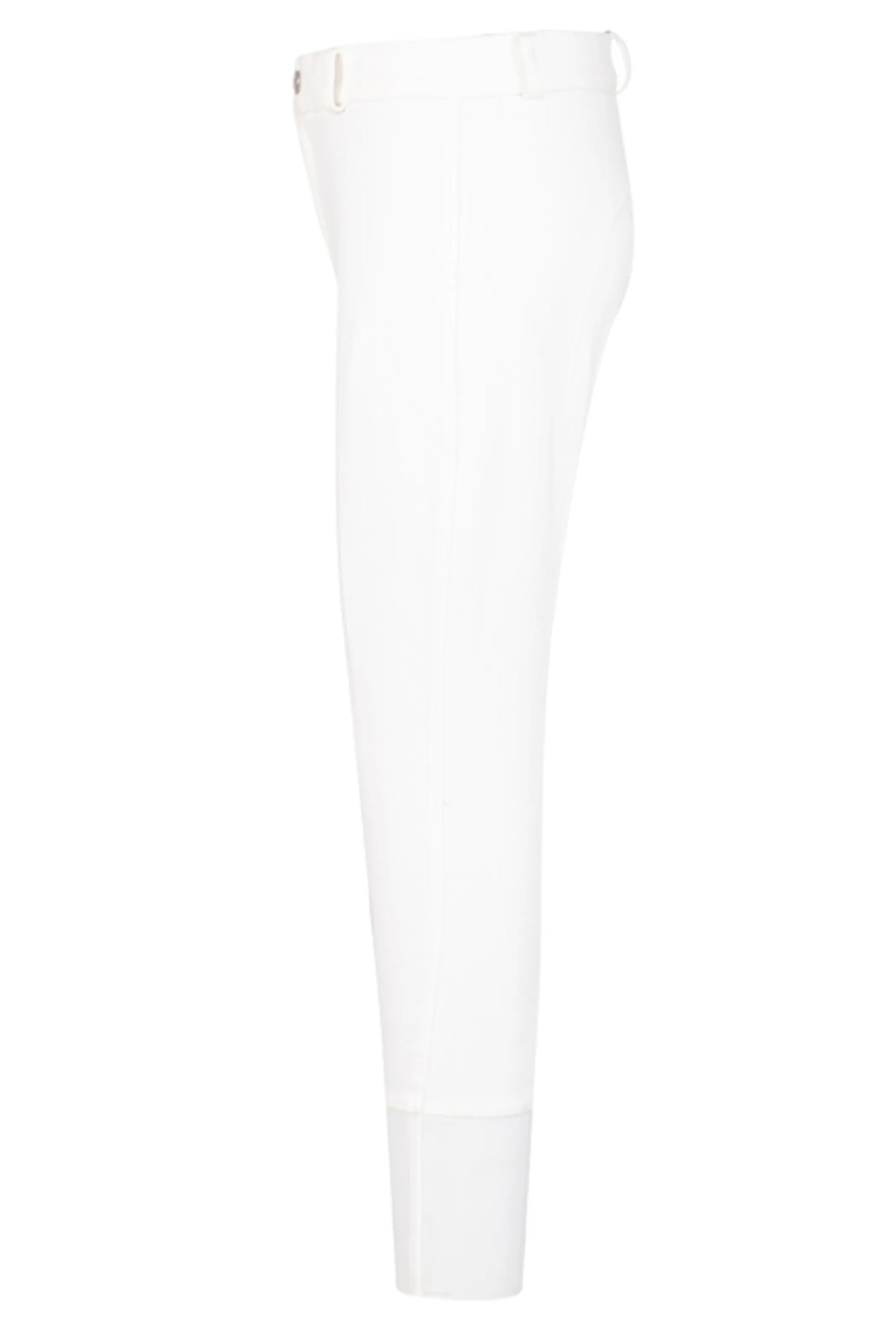 TuffRider Children's Cotton Full Seat Breeches in white, showing side profile with belt loops and fitted design.
